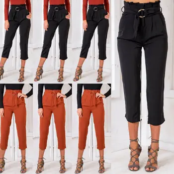 

Women's Casual Palazzo Sashes Solid Empire Waist Flared Wide Leg Pants High Waist OL Ladies Casual Long Trousers