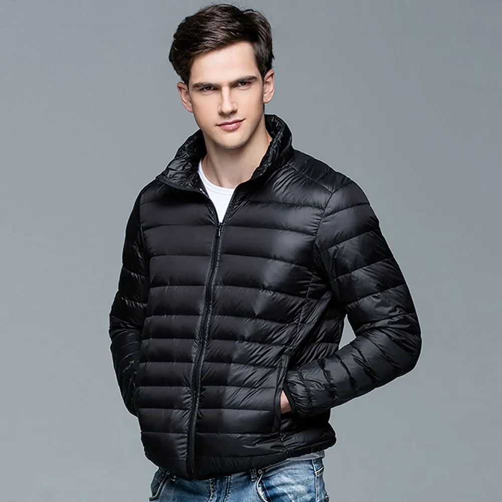 G011 Black Повседневные брендовые зимние тонкие пальто мужские 90% белые пуховики мужские Ультра легкие пуховики зимнее пальто, парки с сумкой для переноски - Цвет: G011 Black