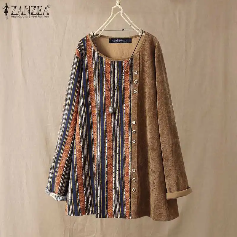 

ZANZEA Women Corduroy Blouse Autumn Long Sleeve Floral Printed Tops Shirts Chemise Casual Vintage Pacthwork Blusas Femininas