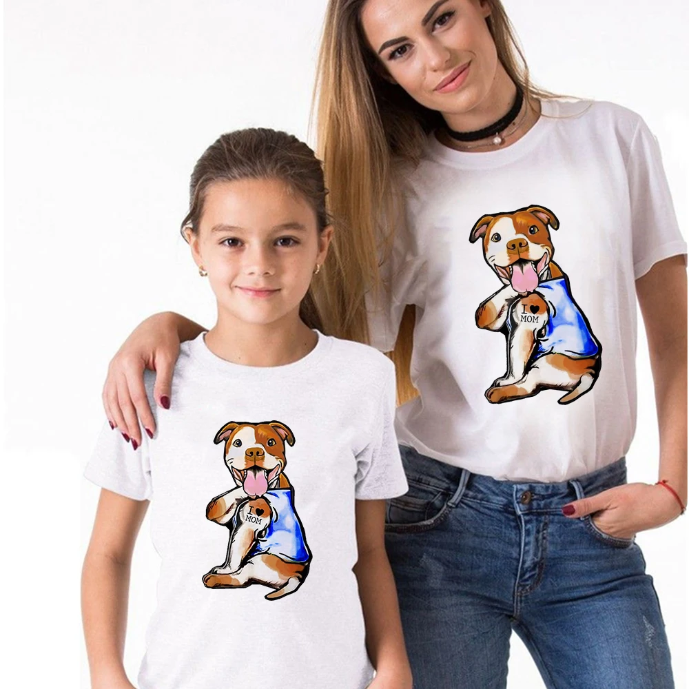 

Mama Daughter Family Look T-shirt Cute I LOVE MOM Dog Print Personality Punk Tops High Quality O-neck Oversize Baby Girl Tshirt