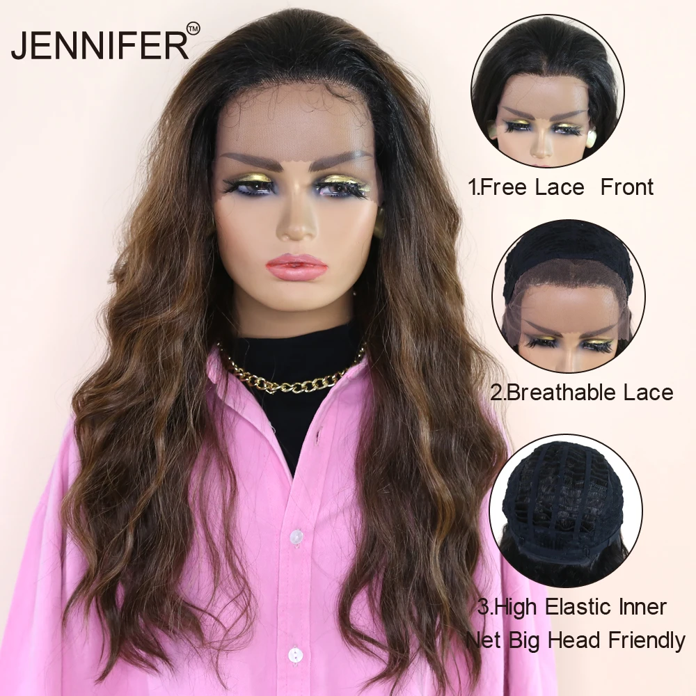 

Long Wavy Baby Hair Ombre Brown Synthetic Lace Front Wigs Glueless Lace Front Wig With free Part Lace Wigs For Black Women