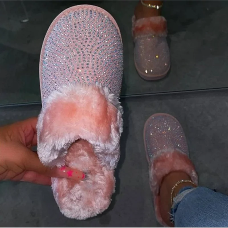 Fur Warm House Slippers Female 2020 New Fashion Womens Slippers Winter New Hedging Rhinestone Flat Home Slippers Big Size 3643