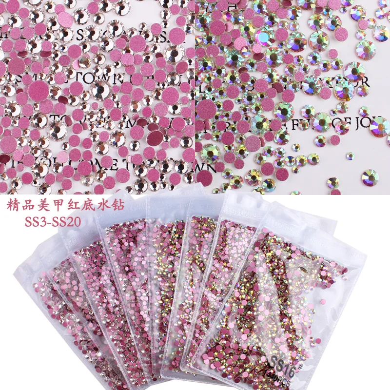 1440 pcs ss3-ss20 manicure jewelry hot red bottom drill glass white AB color size mixed flat bottom rhinestone