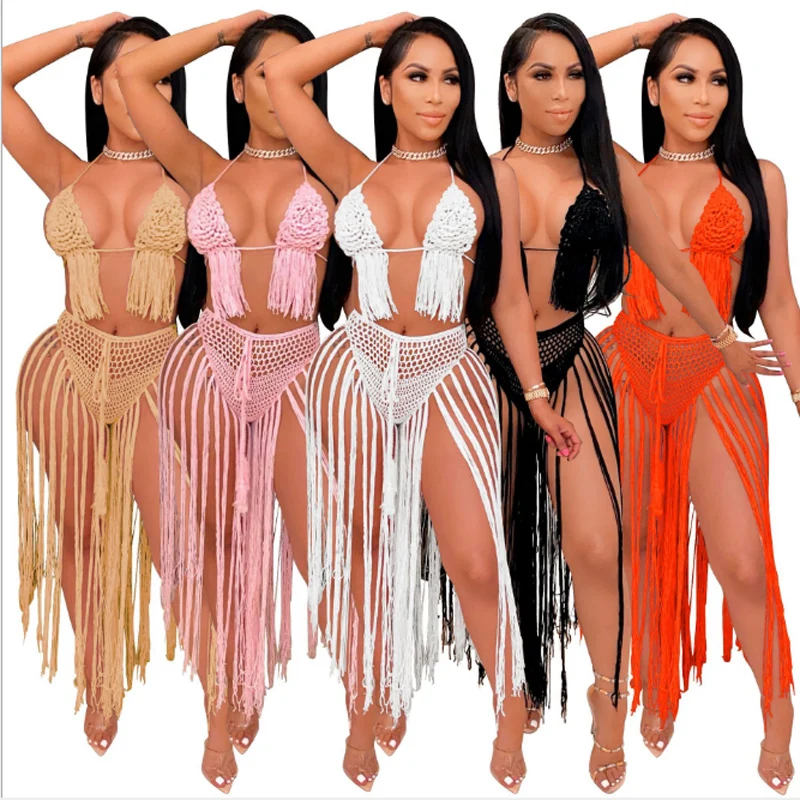 

2021 New handmade crochet Tassel 2PCS/SET beachwear cover-ups sexy women bra top+ short bottom Bikini swimwear cover up