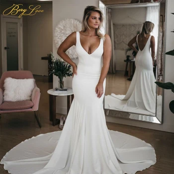 

Plain Ivory Mermaid Wedding Dress 2020 Crepe Sexy V neck Chapel Train Open Low Back Bow Simple UK Elegant Bridal Gown Marriage