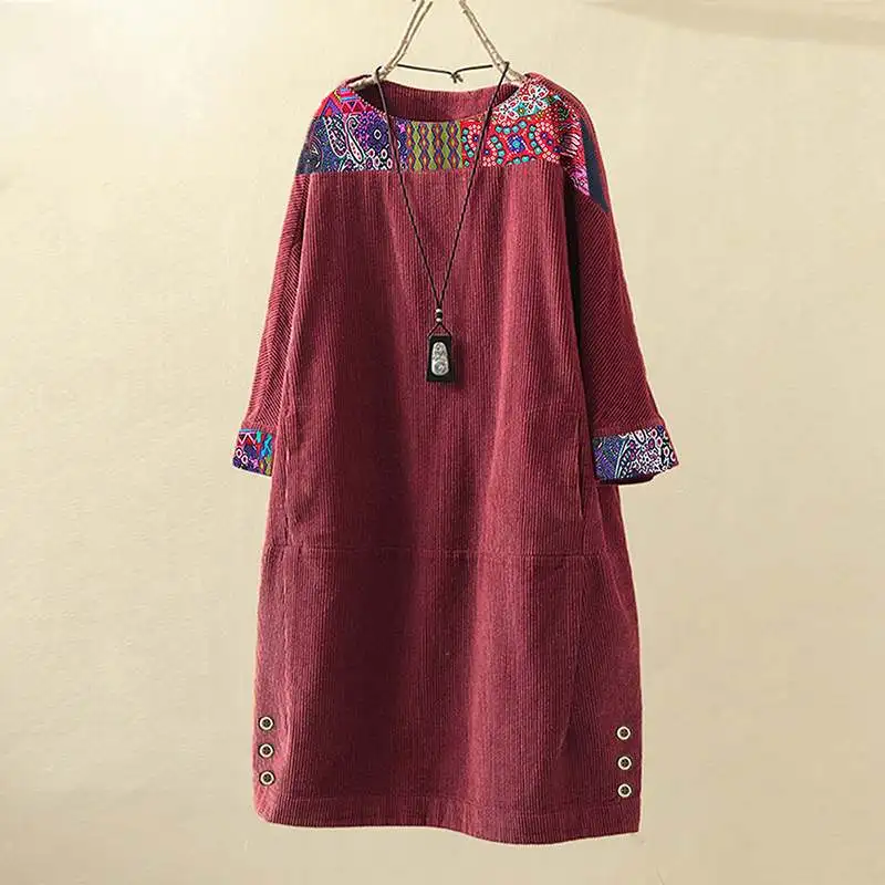 Винтажное вельветовое платье женское осеннее мини Vestidos Повседневное платье с длинным рукавом с принтом пэчворк сарафан размера плюс Туника халат 5XL