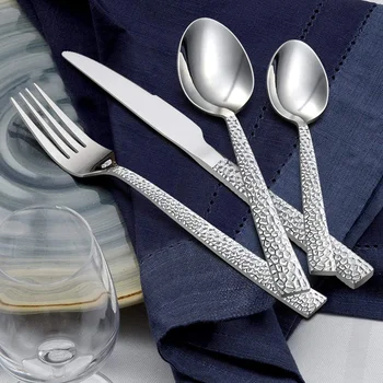 

16 Pieces Knife Fork Spoon Cutlery Set,Stainless Steel Hammered Flatware Cutlery for Home/Office/Party/Camping,Silver