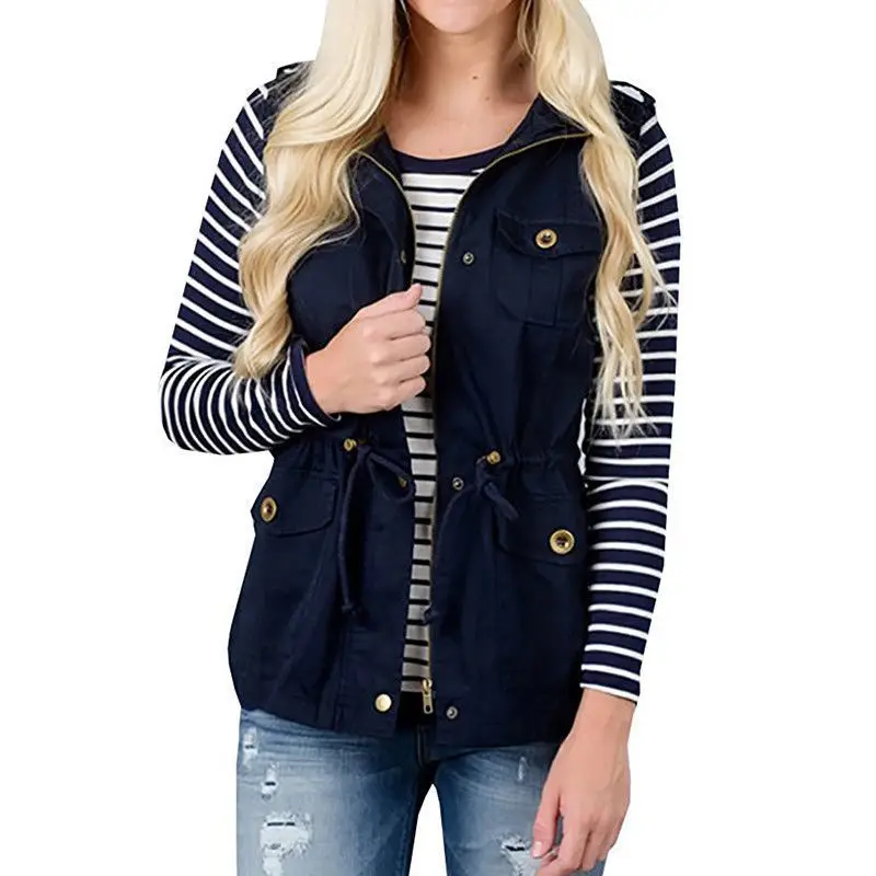 Preise Frauen Mäntel Frauen Jacke Weste Fracht Utility Safari Weste W Taschen Kordelzug Armee Top Bomber Jacke Mantel
