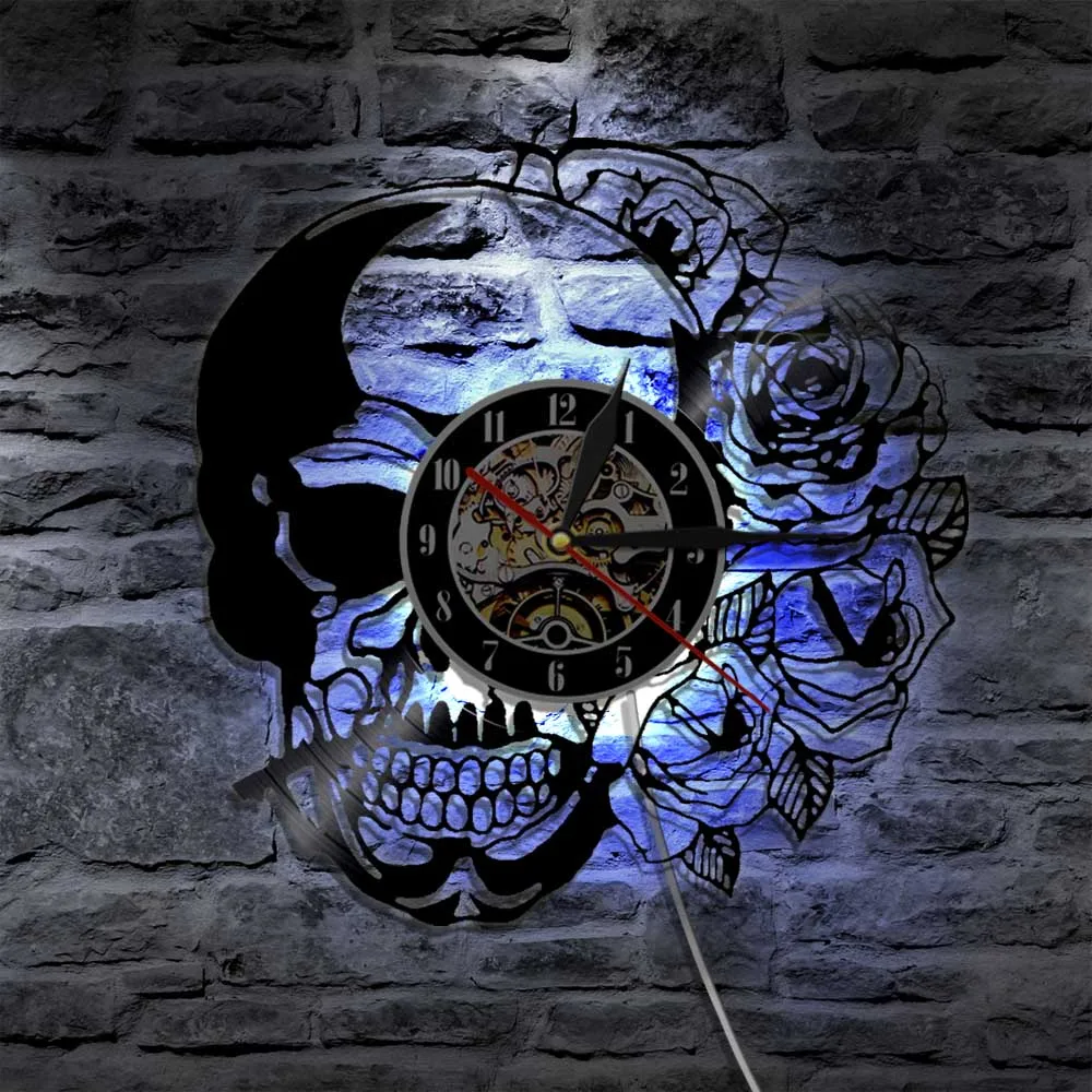 Череп с розами часы Винтаж Виниловая пластинка настенные часы Декор череп скелета в стиле панк часы ручной работы настенный художественный Декор
