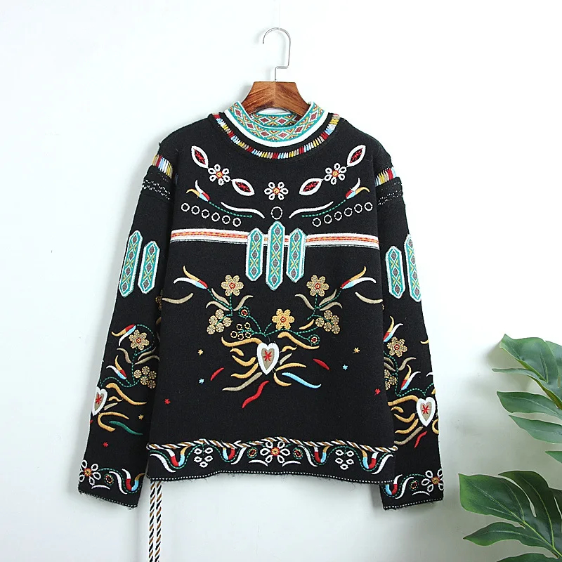 

vintage style embroidery flower pattern Pullover lace up rope hem winter knit sweater female ethnic retro jumper warm tops