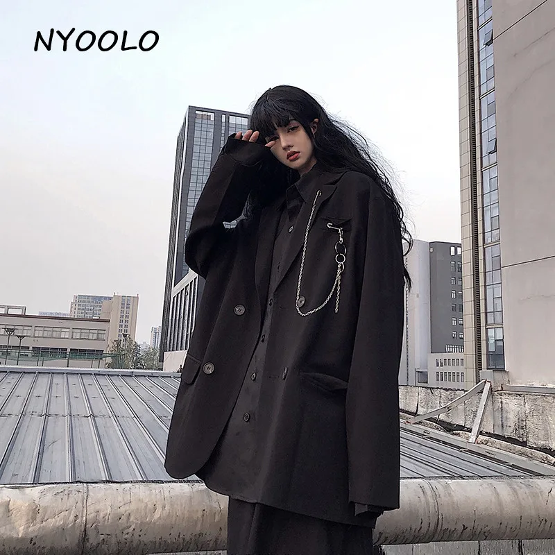 NYOOLO High street с карманами цепочкой отложным воротником черный блейзер Повседневный
