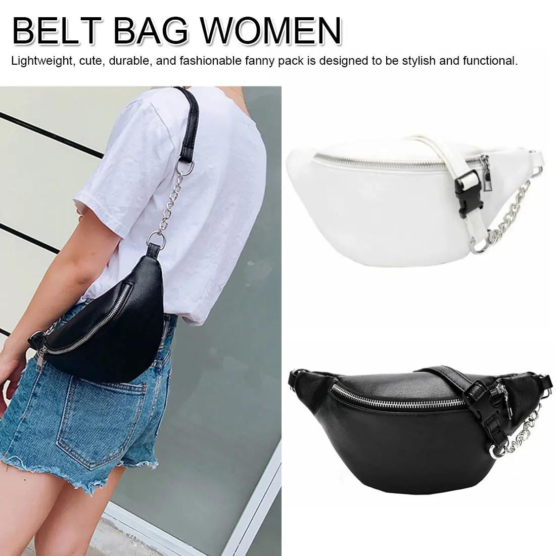 

Women Waist Bag Fanny Pack PU Bag Belt Purse Small Purse Phone Key Pouch White Black Waist Packs Cross body Purses