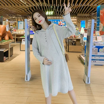 

1906# Autumn Cotton Maternity Casual Hoodies Large Size Loose Dress Clothes for Pregnant Women Spring Long Sleeve Pregnancy