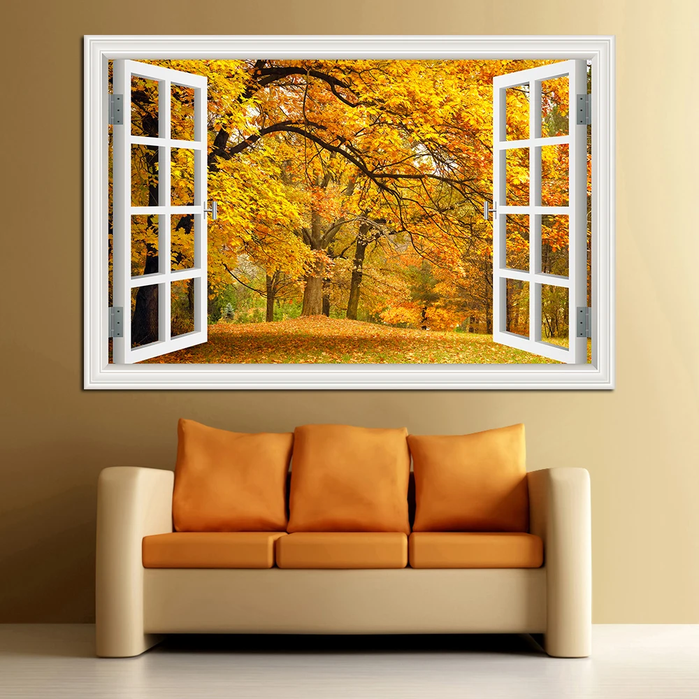 

3D Window View Forest Landscape In Four Seasons 3D Wall Sticker Green Golden Tree Removable Wallpaper Home Decal Home Decor