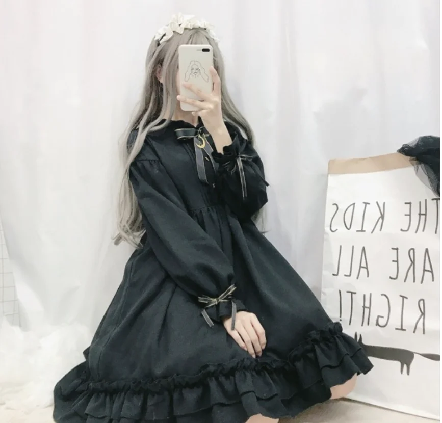 Платье Лолиты с принтом лоли, платье принцессы кавайи для девочек, однотонное черное платье с бантом и оборками, вырез лодочкой, высокая талия, готическое винтажное Повседневное платье лолиты