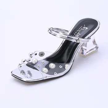 

Summer Women Slides Fashion Square toe Transparent PVC with Pearl Crystal Heels Sandales Talon Femme