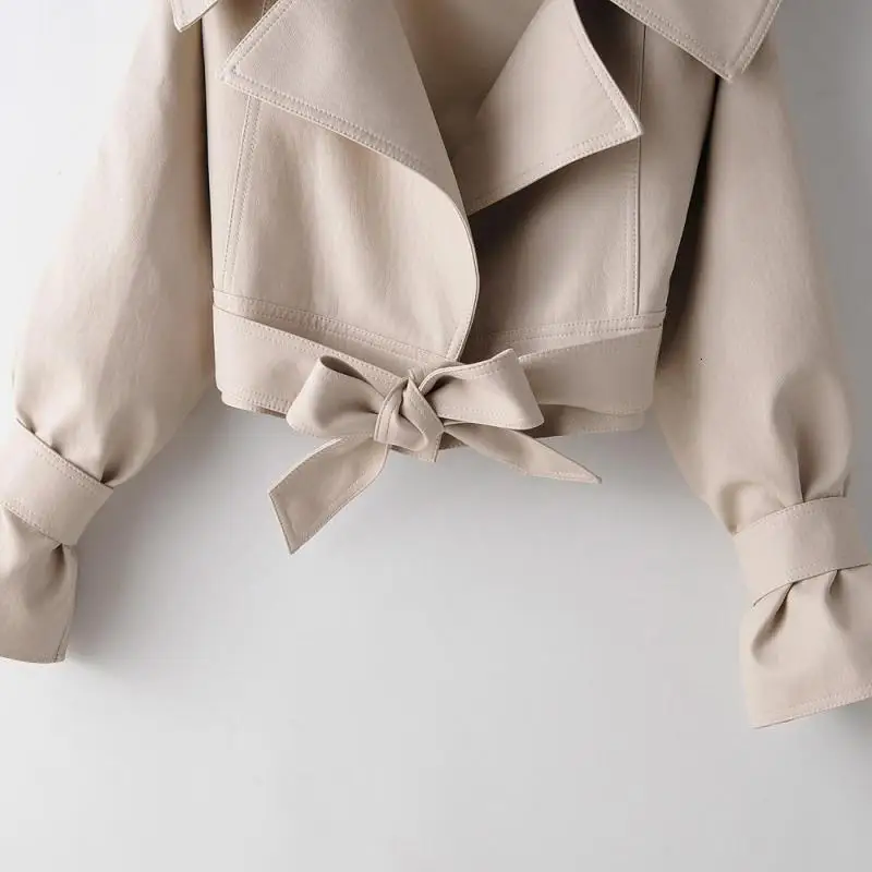 High Street Lapel Bow Frenulum Leather Jacket Women Clothing Autumn Females Locomotive Pu Leather Short Coats