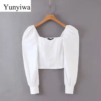 

Women Fashion Solid Color Casual Slim Smock Blouse Shirts Women Vintage Square Collar Back Elastic White Blusas Chic Tops