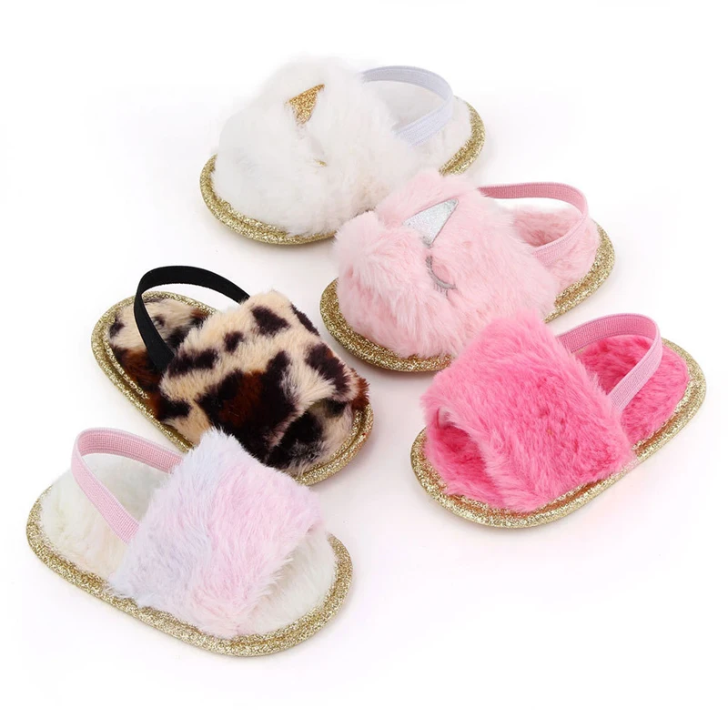 Zapatillas con unicornios para bebés y niñas, sandalias con peluche, suela suave de piel sintética, planos, zapatillas para primeros pasos, correa de soporte elástico