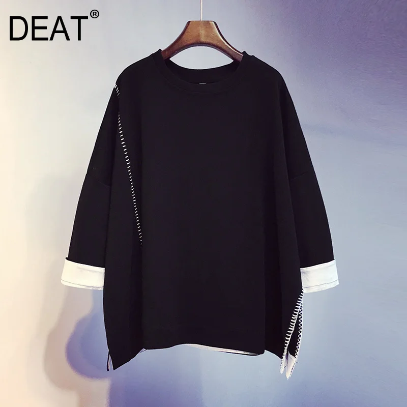 

[DEAT] 2019 New Spring Summer Round Neck Three Quarter Sleeve Hit Color Spliced Split Joint T-shirt Women Fashion Tide JZ603
