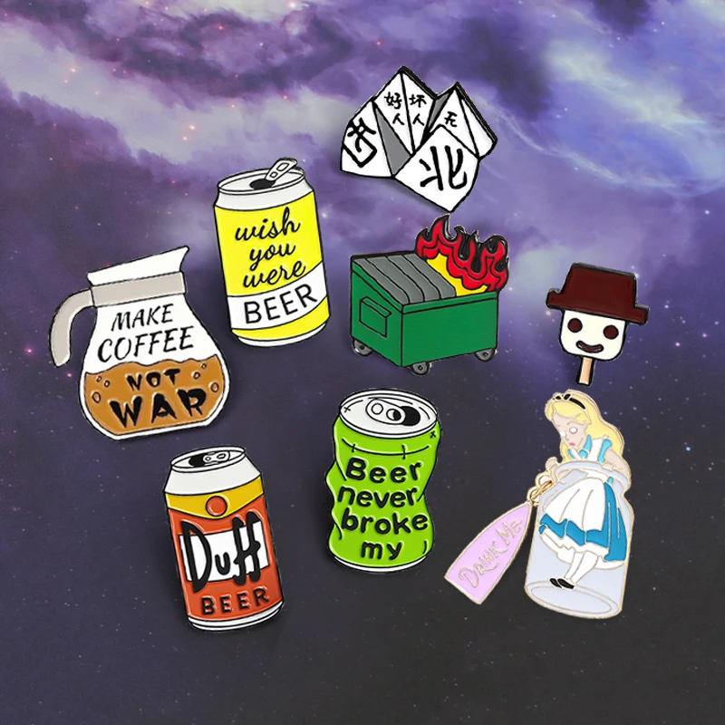 Fun Cartoon Brooch Enamel Pin Drink me girl Alice Duff Beer can Coffee pot Dustbin on fire Ice cream Brooches Badge Jewelry Gift | Украшения