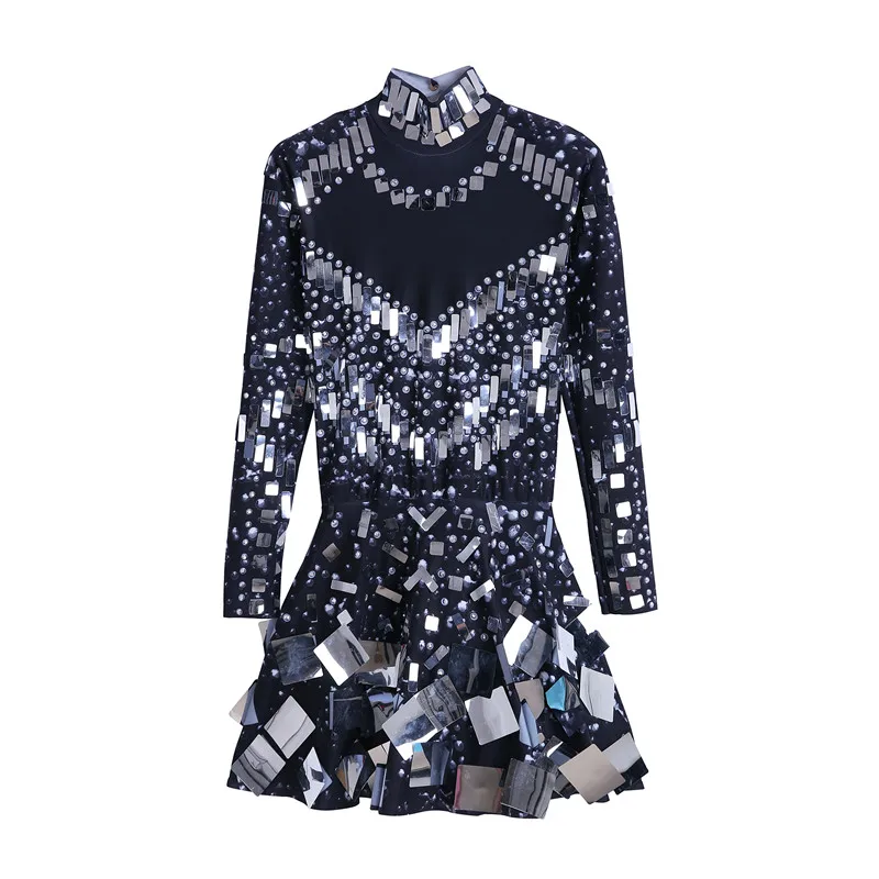 Incarnadine color Singer mirror dress stage dance wears Sparkly Silver Sequins Bodysuit Dress Rhinestone Costume