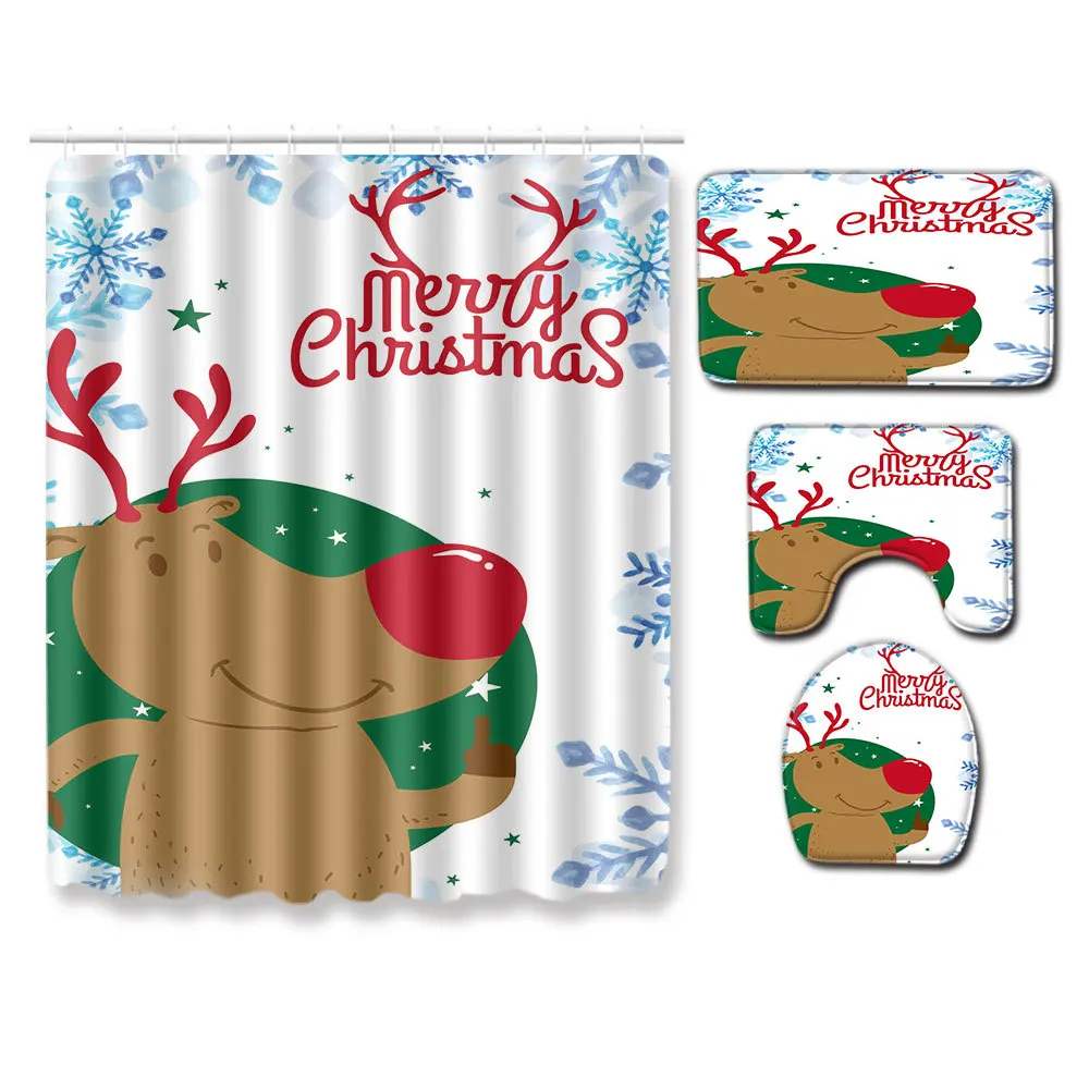 Zeegle Christmas Bathroom Mat Set Toilet Waterproof Shower Curtain Toilet Cover Seat Mat Anti-slip Toilet Rug 4pcs Bath Mat Set