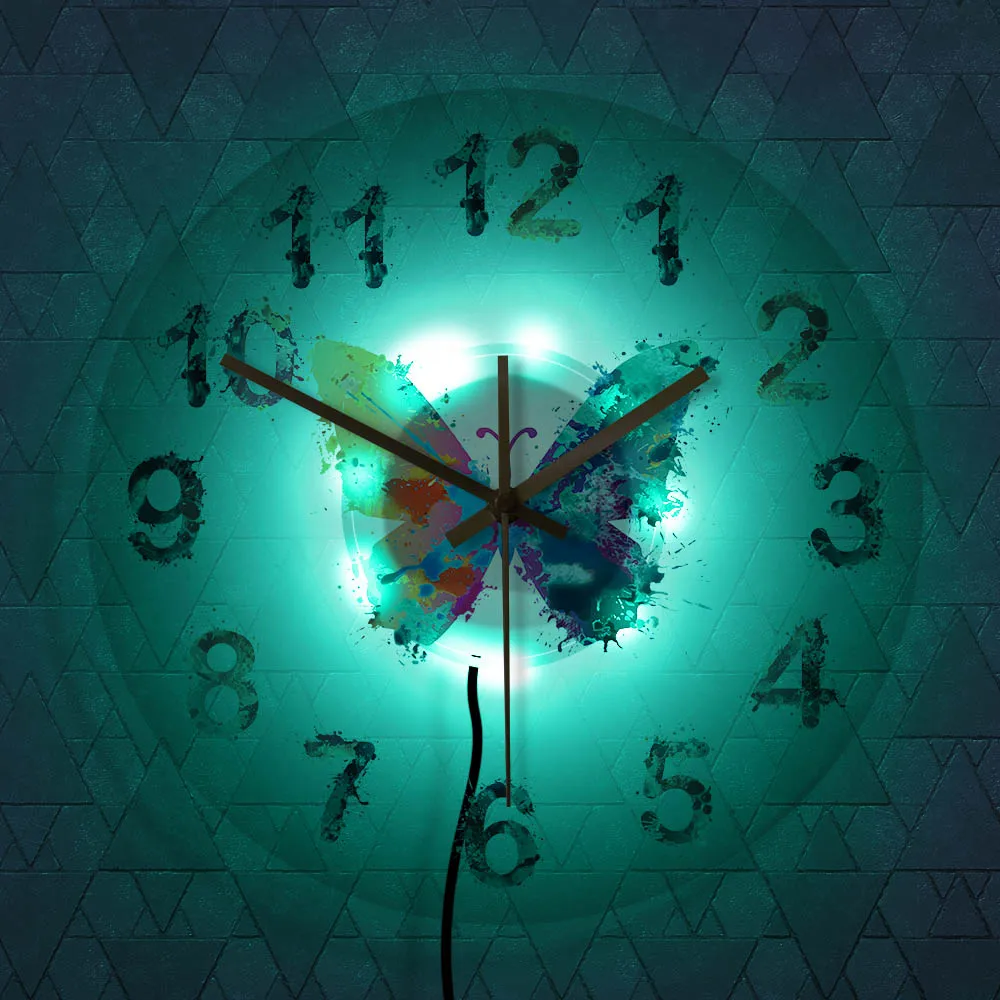 Colorful Butterfly Numbers Quiet Movement Led Acrylic Hanging Clock Giclee Fine Art Luminous Wall Clock Reloj De Pared