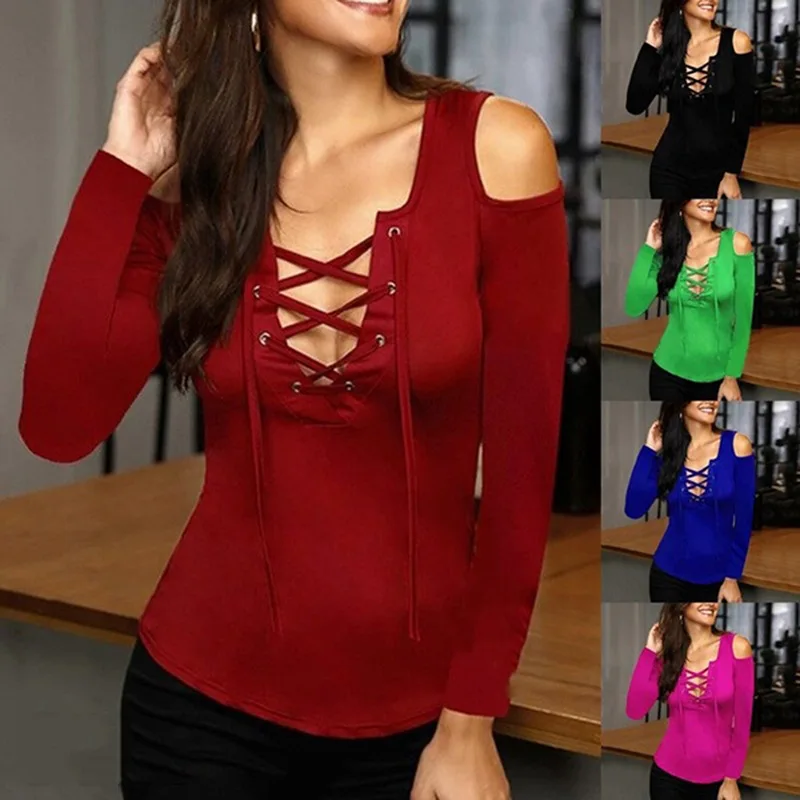 

Amazon eBay hot selling European and American hot sexy off shoulder solid color corns with rope long sleeve T-shirt