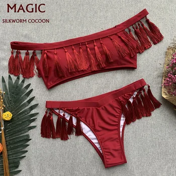 

New Off Shoulder Swimsuit Women Swimwear Two Piece Suits Wine Red Tassel Bathing Suit Beach Wear Swim Maillot De Bain Female