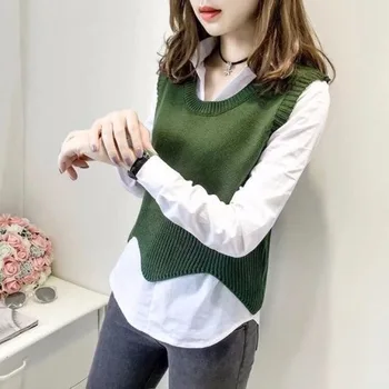 

Solid Color Round Neck Short Sweater Vest Female Wave Edge Sleeveless Knitted Bottoming Sweater Vest Pullover Spring Autumn