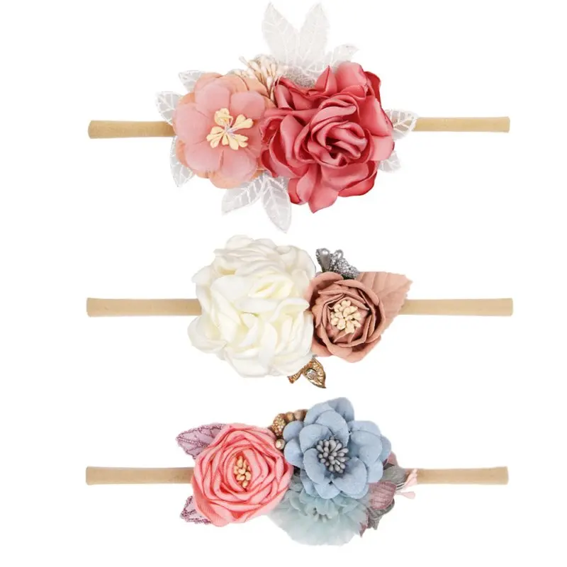 IBOWS Hair Accessories Lovely Baby Headband Fake Flower Nylon Hair Bands For Kids Artificial Floral Elastic Head Bands Headwear