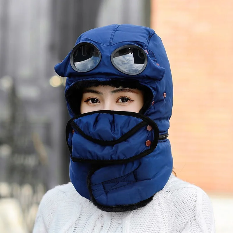navy hat scarf Women's Russian Ushanka snow skiing Hat caps women earflap winter hat with mask glasses raccoon fur bomber Hat - Цвет: navy hat scarf
