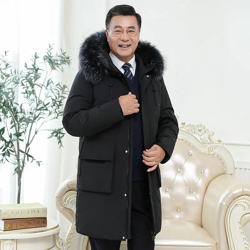 

Middle-aged down jacket men's winter new mid-length hooded personalized pocket men's business coats dad wear thick and warm