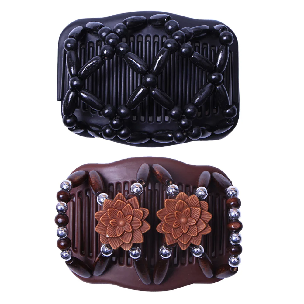 2Pcs Women Hair Slide Stretchy Double Hair Comb Clip Wood Beads Hair Styling
