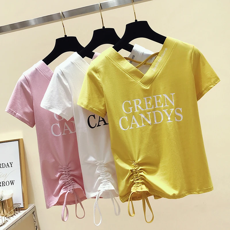 

New Plus Size T-shirt Women's Short Sleeve T-shirt V-neck Printed Letter Hem Shirred T-shirts Girls Ladies Loose Tshirt Tee