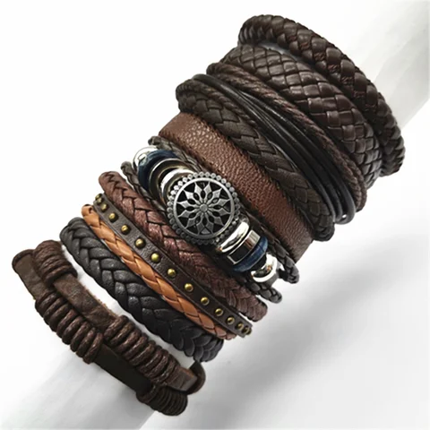 Bracelets 10pcs/set Wrap Woven Fashion Handmade Men Bracelets Women Leather Bracelet Men Bangle Wholesale Jewelry Gift