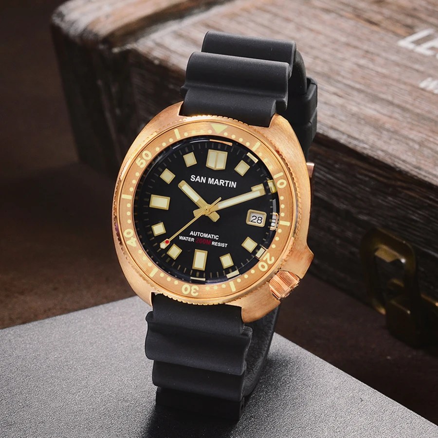 Мужские наручные часы San Martin Tuna 6105 бронзовые для дайвинверов механические