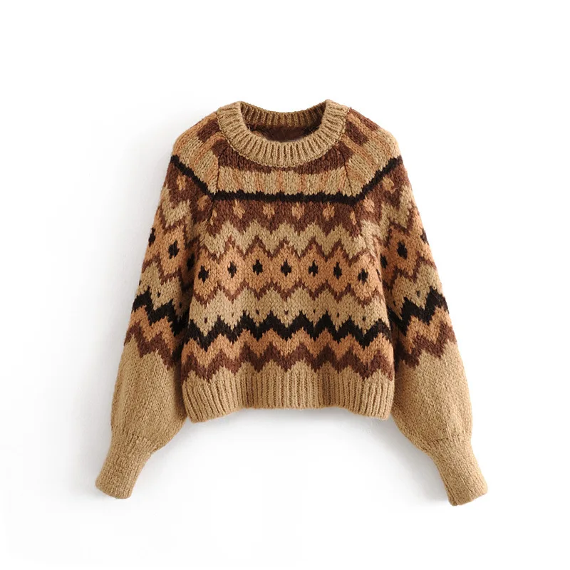 Новинка, зимний женский свитер, пуловер Za, модный Повседневный свитер с круглым вырезом и длинным рукавом, теплые свободные жаккардовые свитера