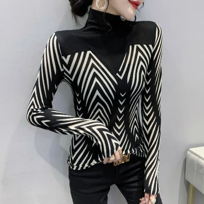 

#8129 Spring Autumn Black Zebra Striped Printed T Shirt Women Tight Turtleneck T Shirt Female Basic Elastic Women's T-shirt 3XL