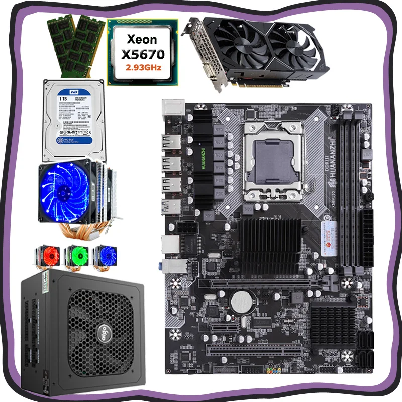 HUANANZHI компьютер DIY X58 LGA1366 материнская плата набор ЦП Xeon X5670 с кулером ОЗУ 16G(2*8G) GPU