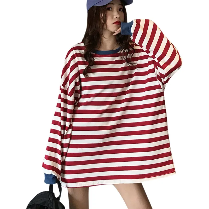 

Autumn New Arrival Contrast Color Chic Striped Casual Long-sleeved T-shirt Loose Long Student T-shirt