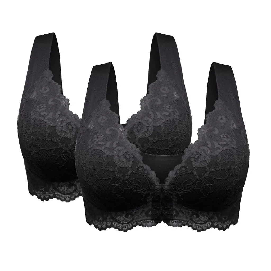 

2 Pcs Women Adjustable Sports Front Closure Extra-Elastic Breathable Lace Bra Push Up Bra Plus Size Women's Underwear Lingerie