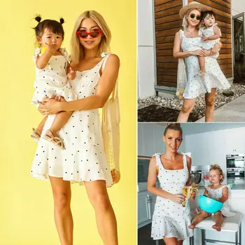 

Pudcoco Family Matching Clothes Women Baby Girls Sleeveless Dress Mother And Daughter White Polka Dot Ruffles Dresses