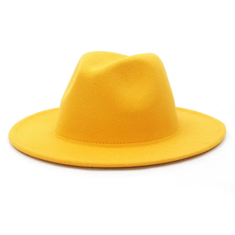 Mustard yellow GEMVIE, универсальная фетровая шляпа с широкими полями для женщин, одноцветная шерстяная фетровая шляпа для мужчин, осенняя зимняя Панама, желтая джазовая Кепка - Цвет: Mustard yellow