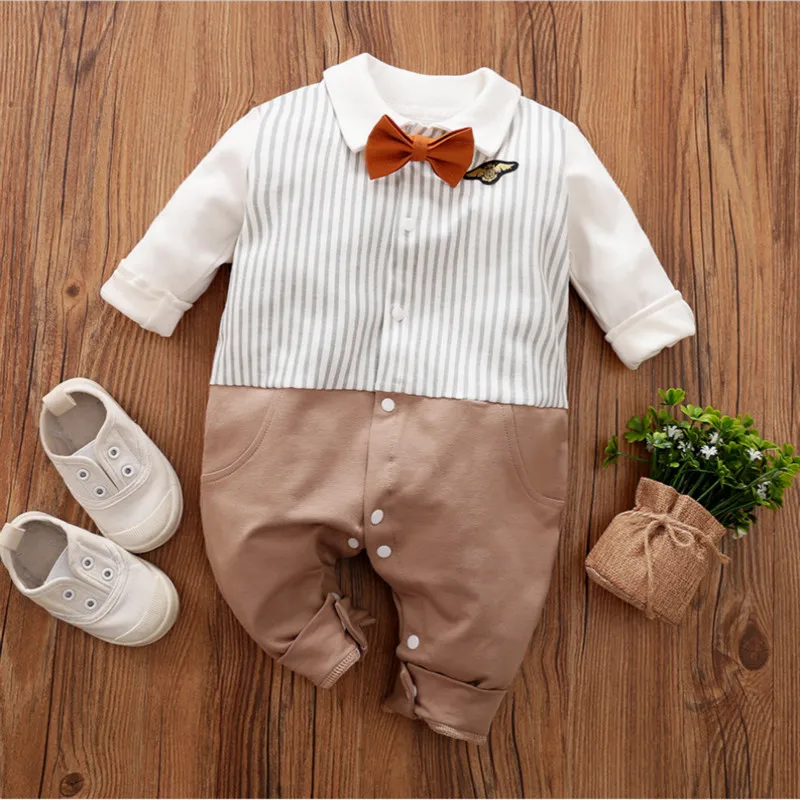 

2019 Newborn Baby Boys Girls Romper Tie knot stripes Long Sleeve Winter Cotton Romper Kid Jumpsuit baby Clothing
