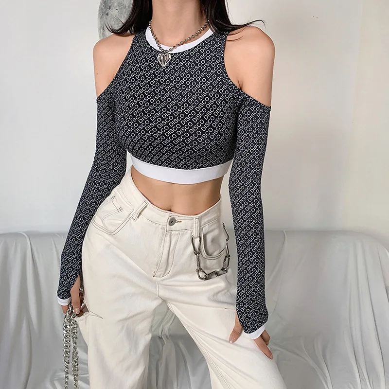 

2020 Women's Autumn and Winter New Printed Letter Fashion off-Shoulder Long Sleeve Short T-shirt shirts women