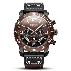 MEGIR Лидирующий бренд спортивные мужские часы модные мужские наручные часы с календарем кожаные светящиеся часы мужские часы