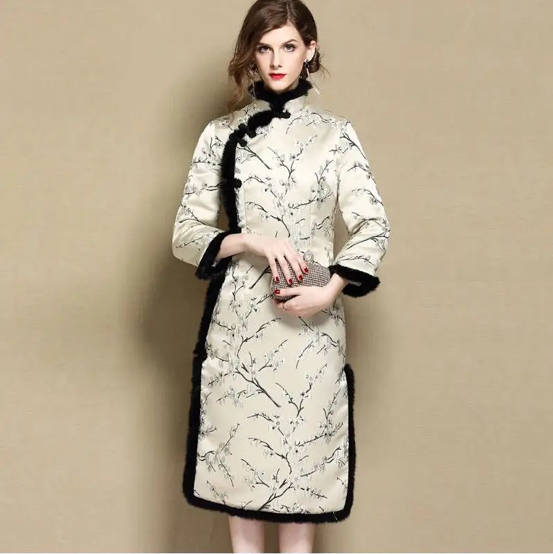 Cheongsam женское Новое Осеннее зимнее утолщенное хлопковое Стеганое теплое хлопковое пальто средней длины в стиле ретро китайское улучшенное пальто