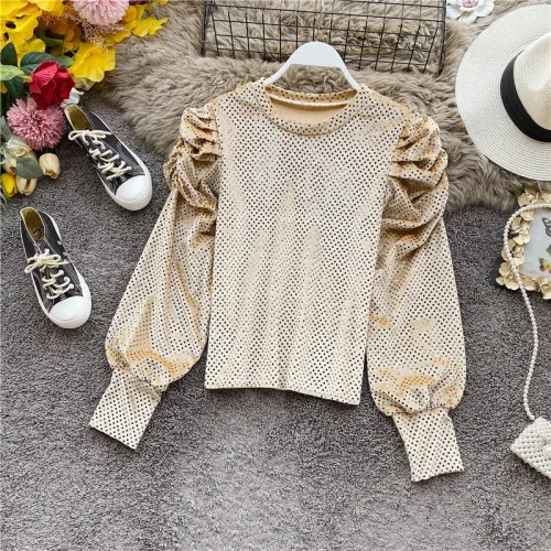 khaki blouse Woherb/женская блуза с круглым вырезом и длинными рукавами-фонариками, с блестками, в яркий горошек, винтажные Рубашки, Топы, корейская мода, новинка, Blusas Mujer 91515 - Цвет: khaki blouse